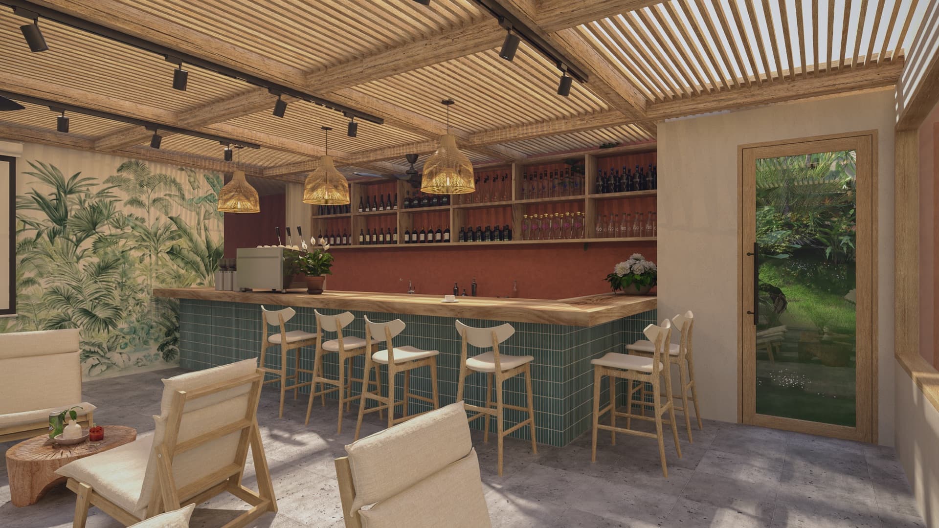 Coworking pavilion with bar and café seating