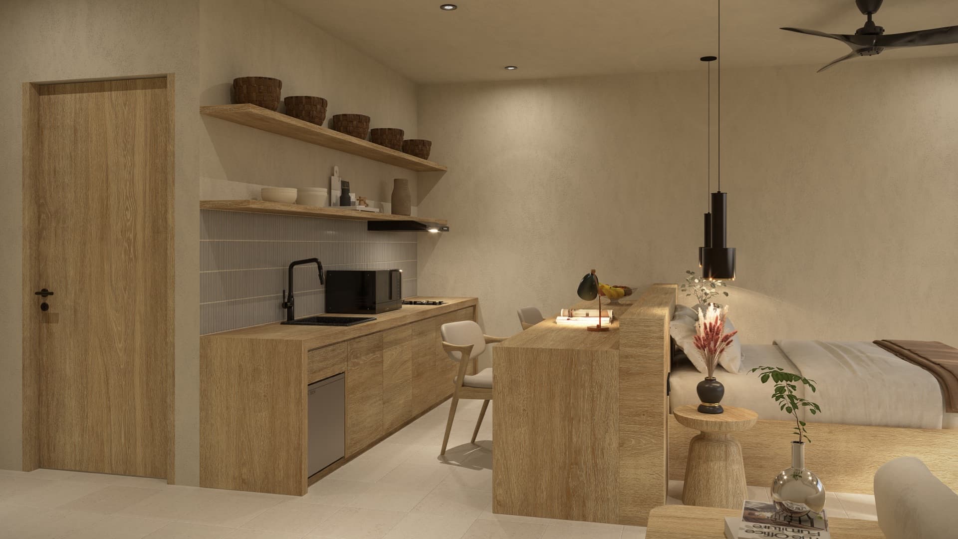 Studio interior with kitchenette in oak wood